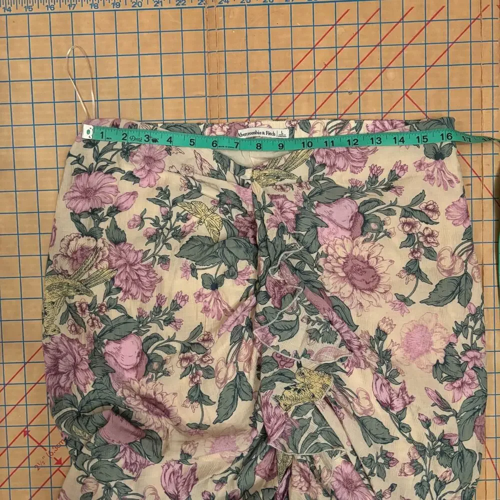 Abercrombie‎ & Fitch Floral Peony Ruffle Front Midi Skirt Cream Pink Size Large